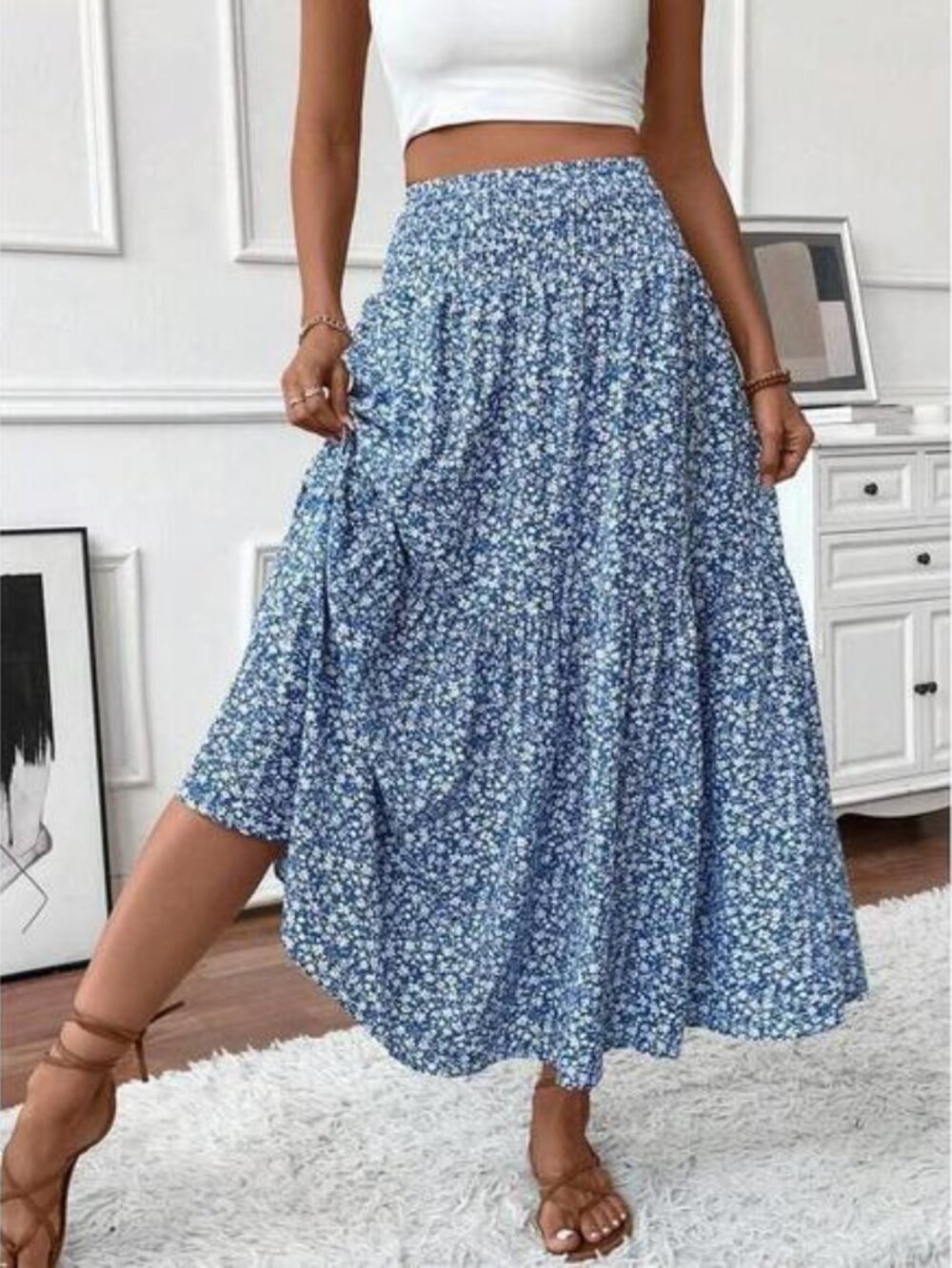 Women's Long Ditsy Floral Skirt, Casual Elastic Waist With Pockets, Ruffle Hem,